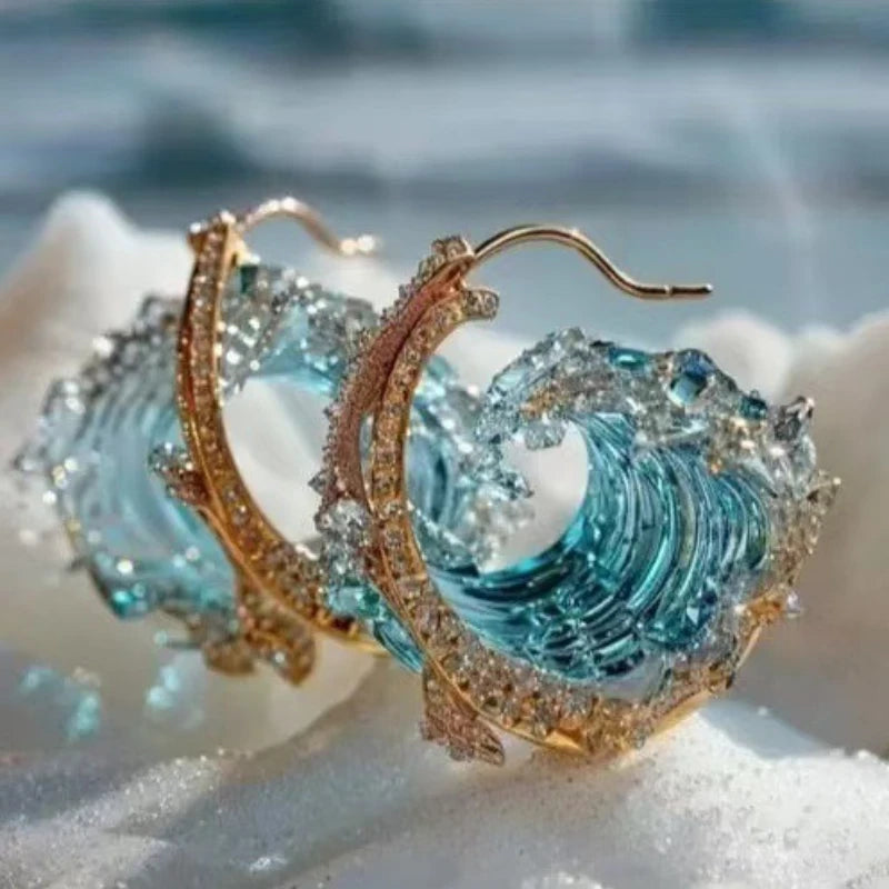 Set 4 Pièces Bijoux Vague Océan - Collier, Boucles, Bague & Pendentif