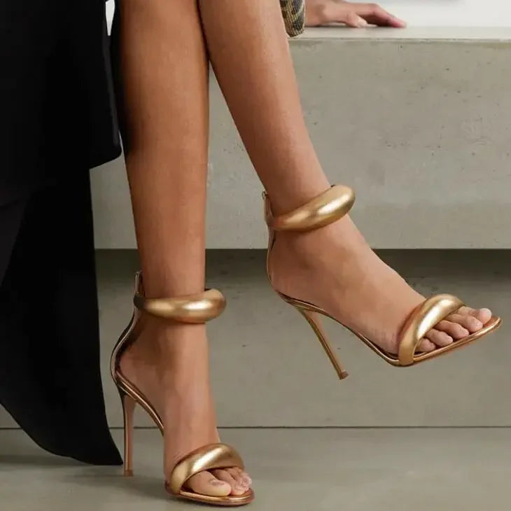 Sandalias de tacón alto fino para mujer, zapatos  boda dorados, calzado de banquete, estilo simple, marca de lujo, nuevo