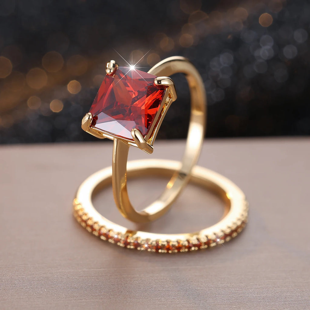 Set 2 Bagues Fiançailles Zircon Rouge & Vert - Coupe Princesse Or