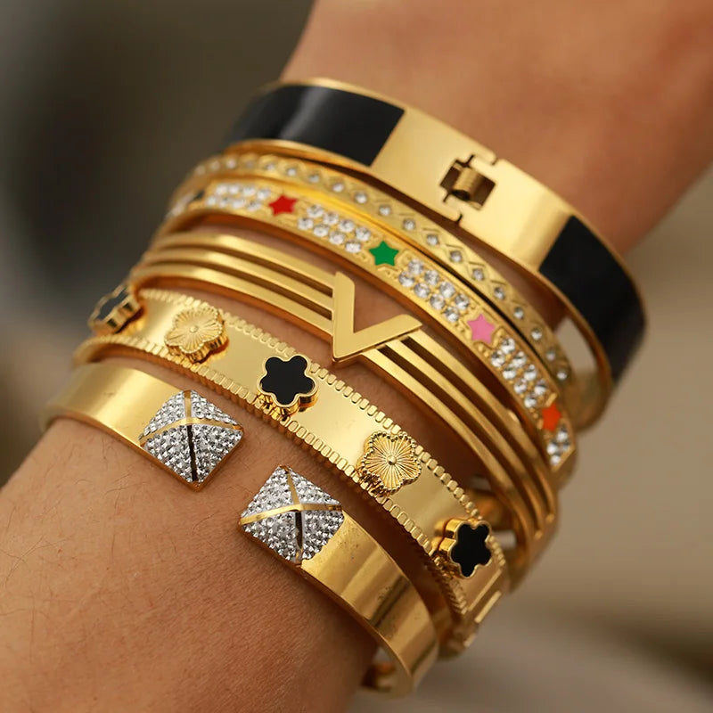Bracelet Jonc Acier Inoxydable Lettre V & Zircon - Luxe Minimaliste