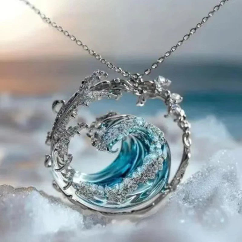 Set 4 Pièces Bijoux Vague Océan - Collier, Boucles, Bague & Pendentif