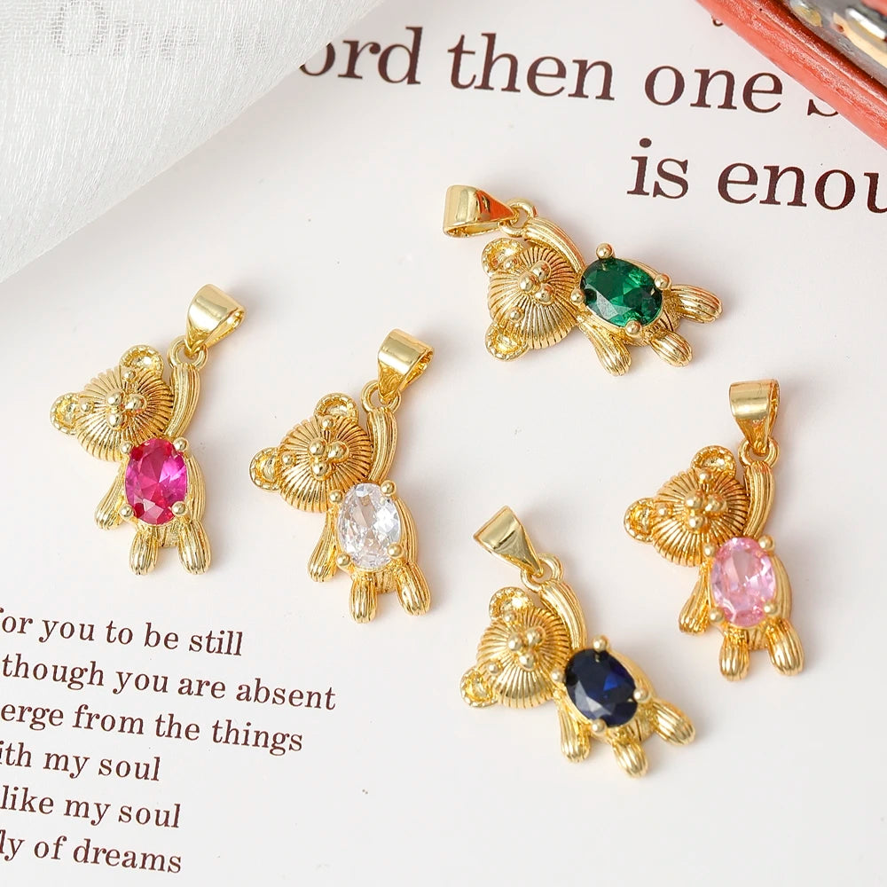 Juya 18K Real Gold Plated Animal Pendants Supplies Handmade Cubic Zirconia Cute Bear Charms For DIY Women Fashion Jewelry Making