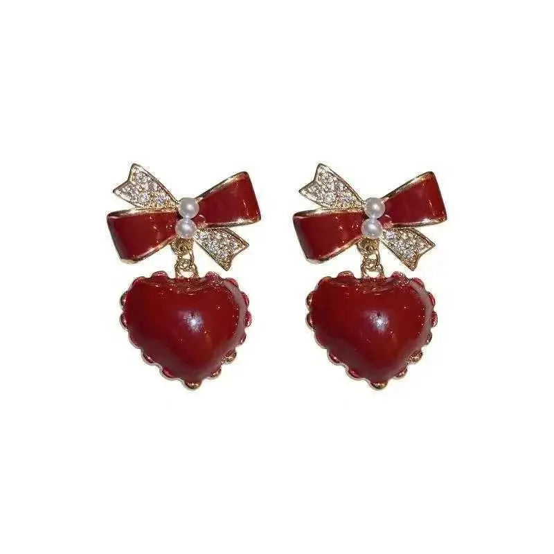 Boucles d'Oreilles Pendantes Nœud & Cristal Coeur Rouge - Bijou Romantique