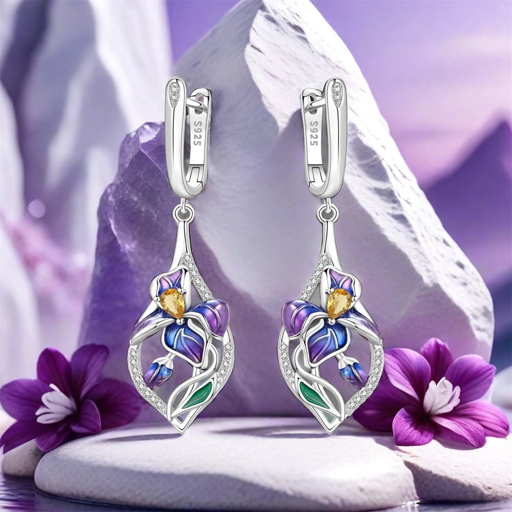 Orstarry 925 Sterling Silver Blue Purple Iris Flower Drop Earrings Women Earrings Charm Trend Versatile Party Jewelry Gifts