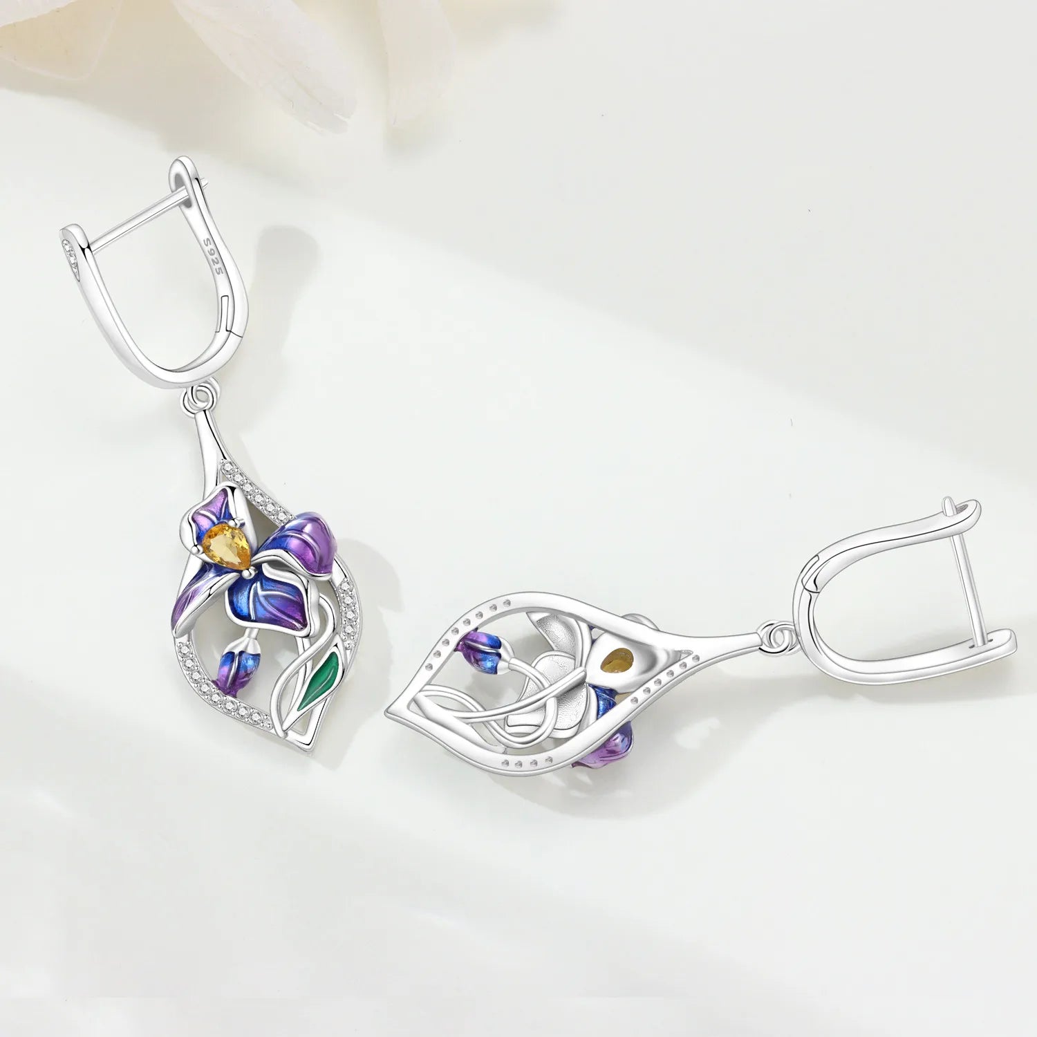 Orstarry 925 Sterling Silver Blue Purple Iris Flower Drop Earrings Women Earrings Charm Trend Versatile Party Jewelry Gifts