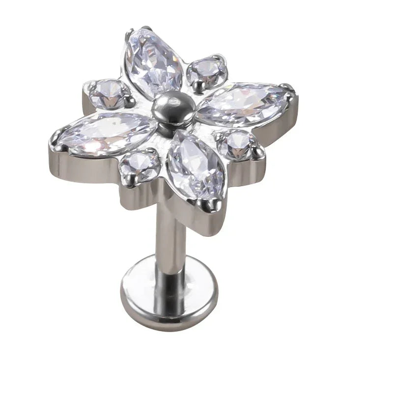 G23 Titanium 4 Marquise Stone and 4 CZ Top Paved Top PIERC Labret Lip Stud Ear Cartilage Helix Piercing Ear Studs Body Jewelry