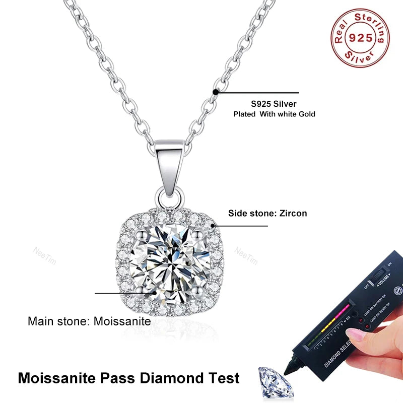 Collier Pendentif Moissanite 1ct ou 2ct - Argent 925 Plaqué Or Blanc
