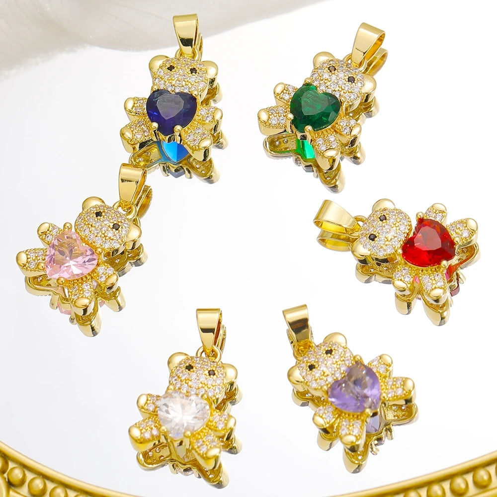 Juya 18K Real Gold Plated Animal Pendants Supplies Handmade Cubic Zirconia Cute Bear Charms For DIY Women Fashion Jewelry Making