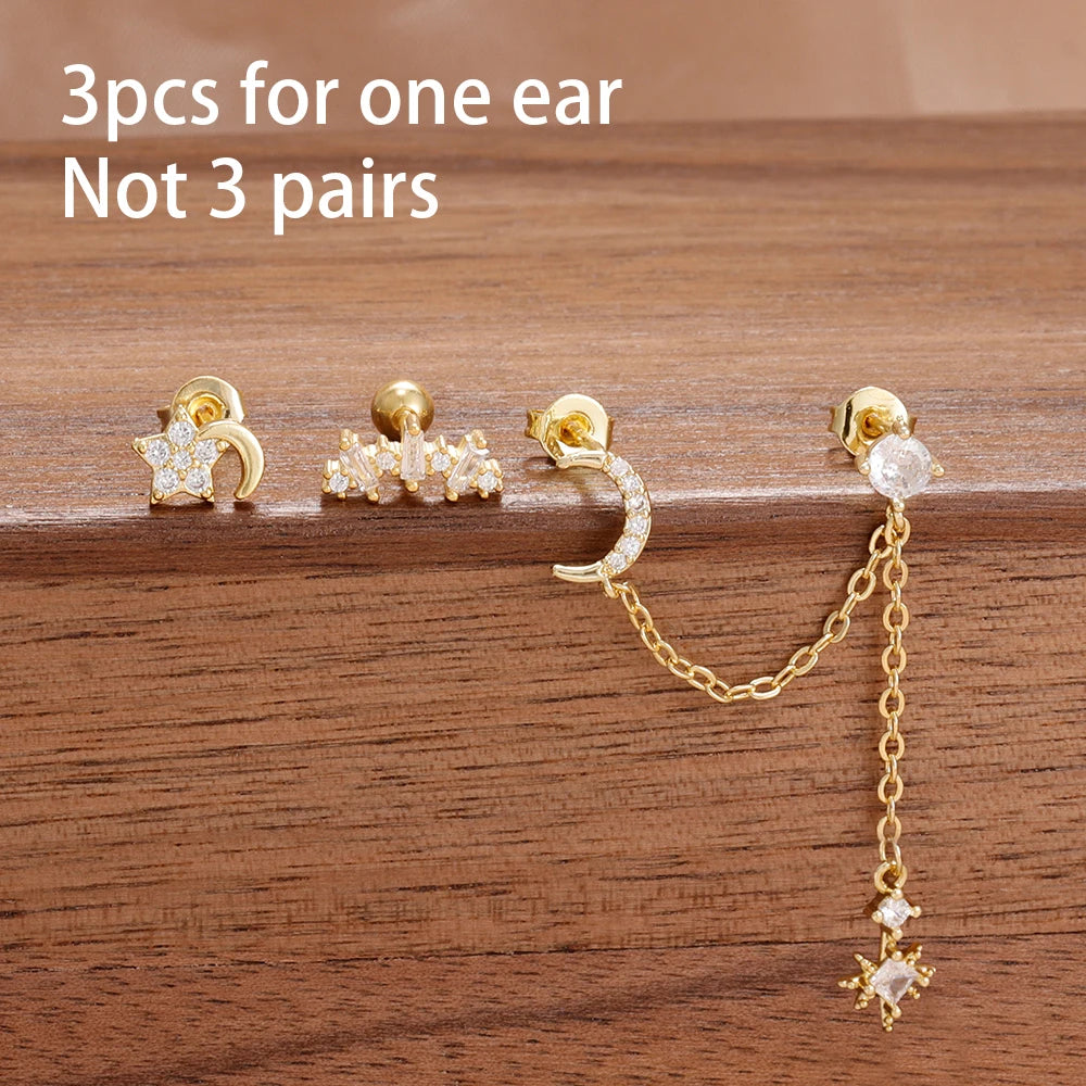 3PCS Stainless Steel Fashion Simple Tassel Chain Stud Piercing Earring For Women Girl Zircon Cartilage Piercing Jewelry