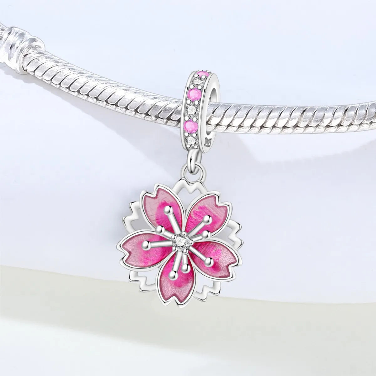 MISEFF S925 Sterling Silver Charm Pink Cherry Blossoms and Lotus Flowers Pendant Original Jewelry Making DIY Mother's Day Gifts