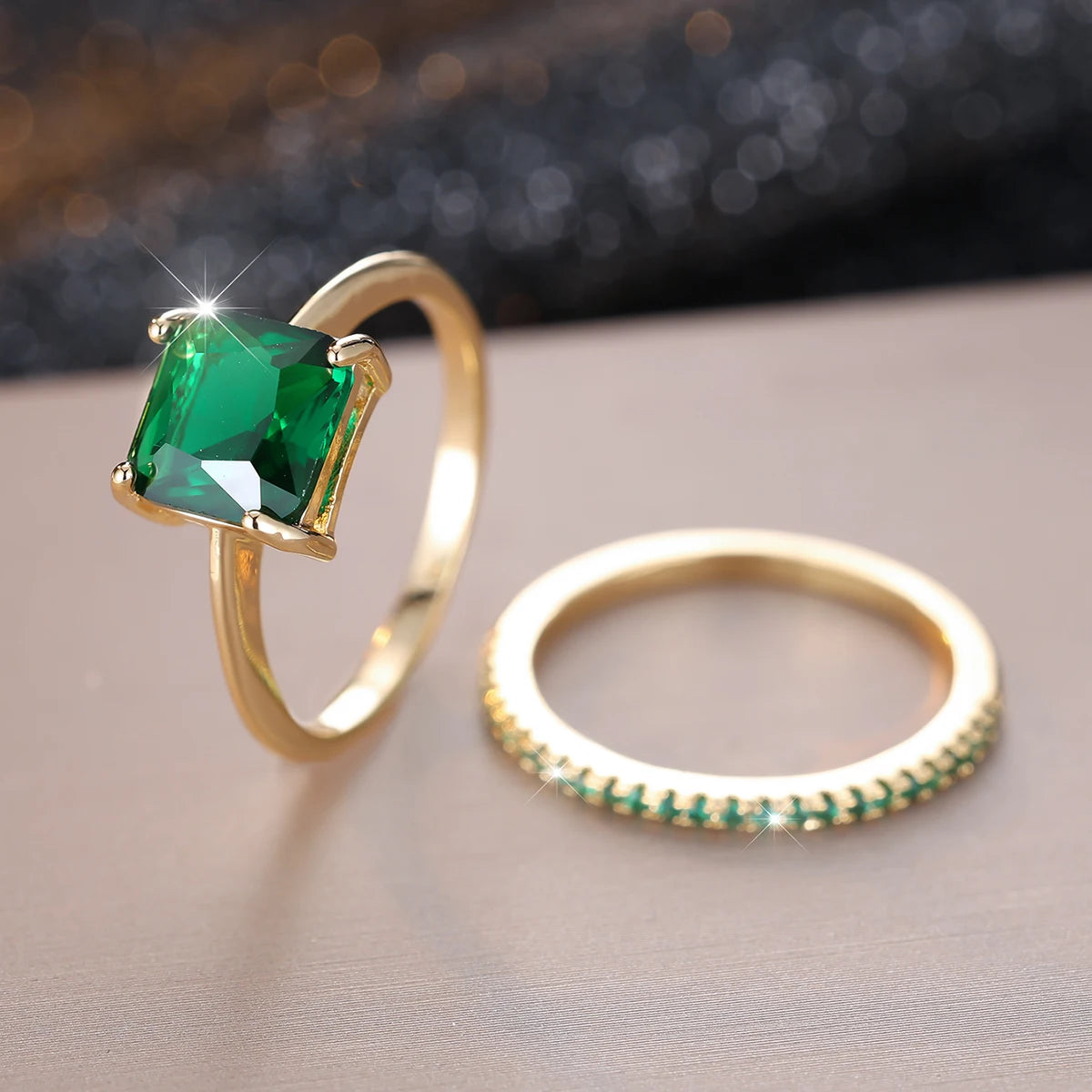 Set 2 Bagues Fiançailles Zircon Rouge & Vert - Coupe Princesse Or