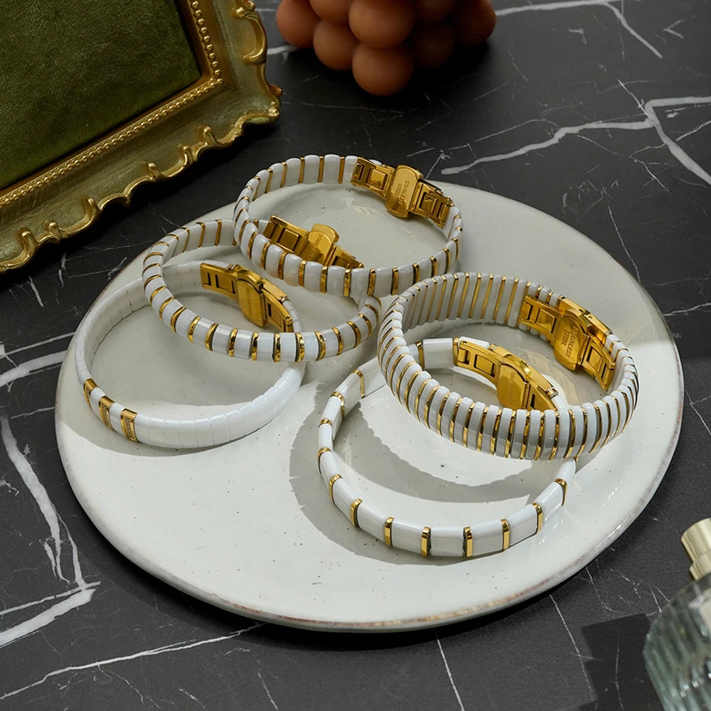 ENFASHION Pulseras Ceramic Spacer Metal Bracelet For Women's Stainless Steel Fashion 18k Plated Gold Fashion Jewelry B252546