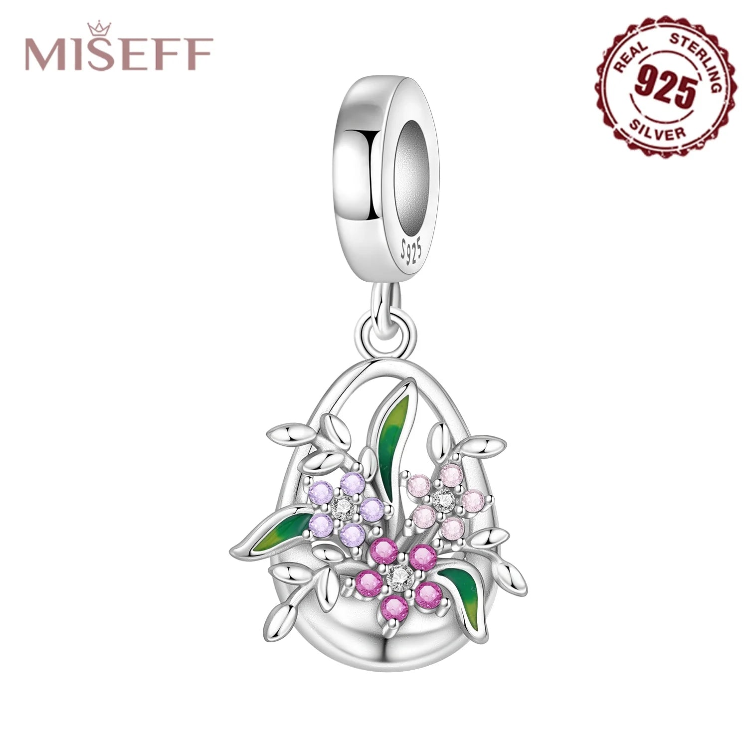 MISEFF S925 Sterling Silver Charm Pink Cherry Blossoms and Lotus Flowers Pendant Original Jewelry Making DIY Mother's Day Gifts