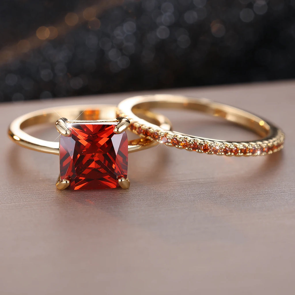 Set 2 Bagues Fiançailles Zircon Rouge & Vert - Coupe Princesse Or