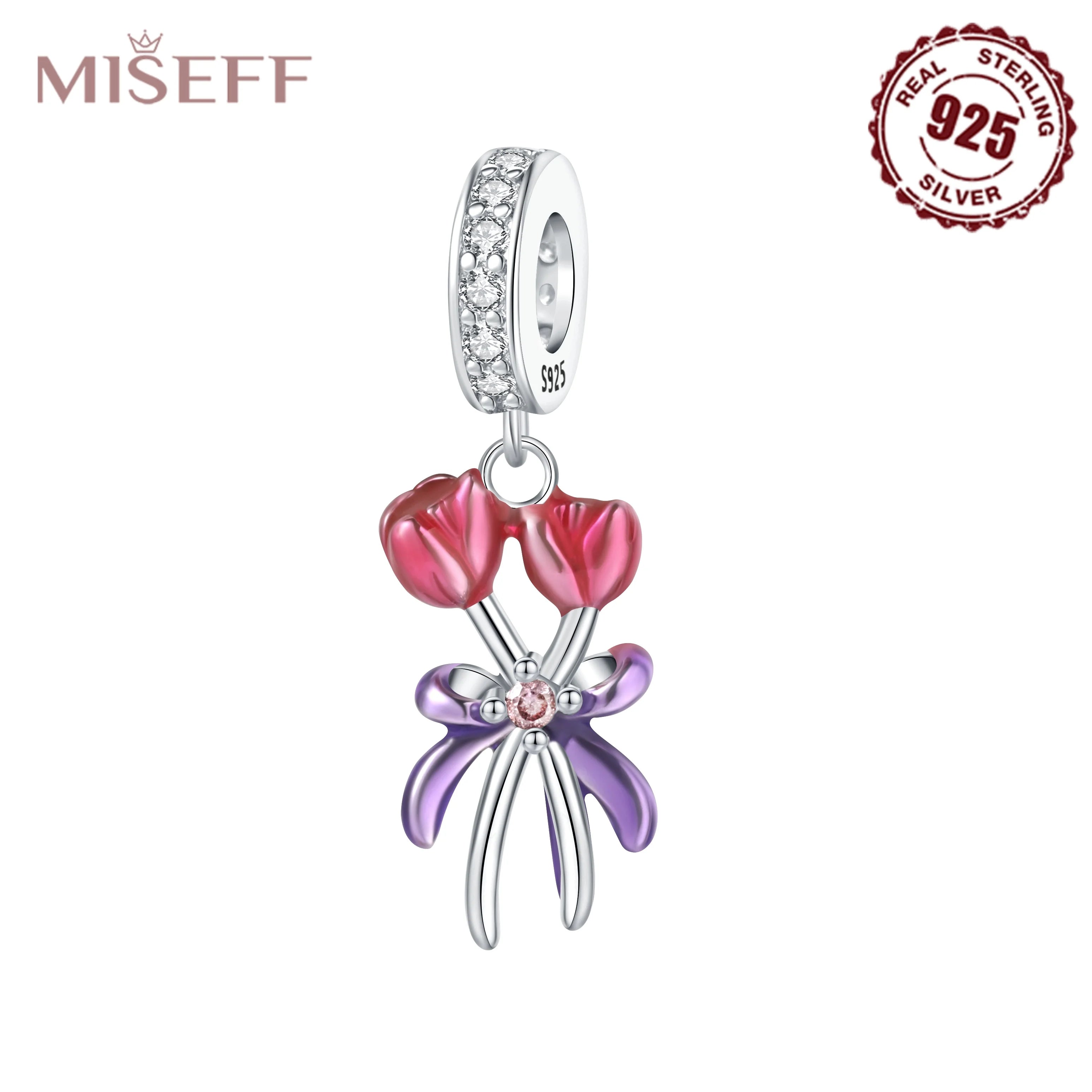 MISEFF S925 Sterling Silver Charm Pink Cherry Blossoms and Lotus Flowers Pendant Original Jewelry Making DIY Mother's Day Gifts