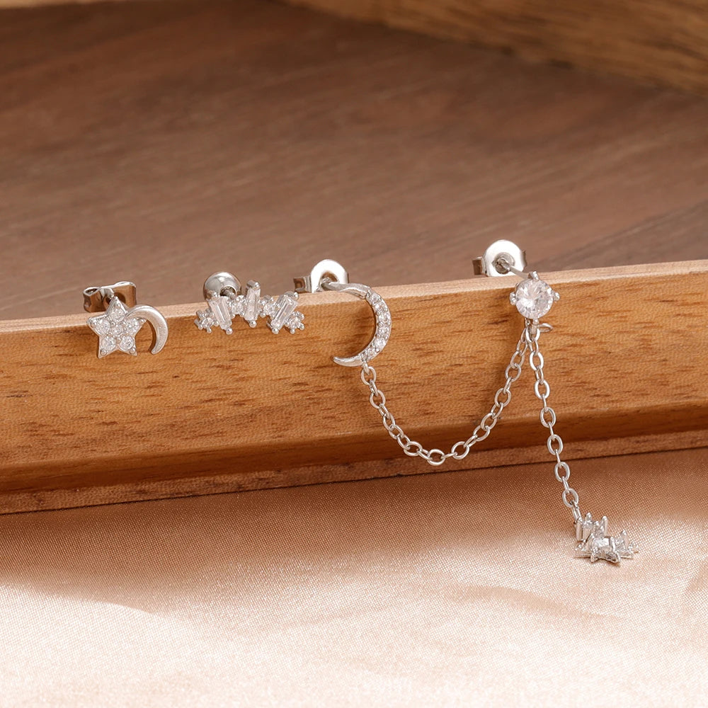 3PCS Stainless Steel Fashion Simple Tassel Chain Stud Piercing Earring For Women Girl Zircon Cartilage Piercing Jewelry