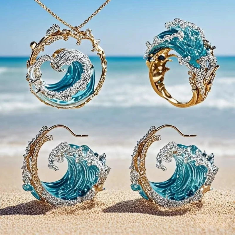 Set 4 Pièces Bijoux Vague Océan - Collier, Boucles, Bague & Pendentif