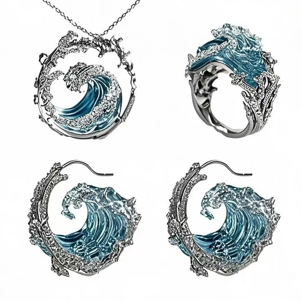 Set 4 Pièces Bijoux Vague Océan - Collier, Boucles, Bague & Pendentif