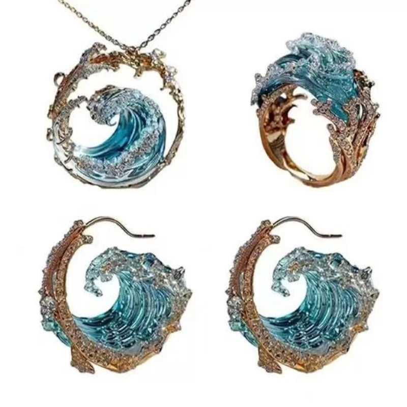 Set 4 Pièces Bijoux Vague Océan - Collier, Boucles, Bague & Pendentif