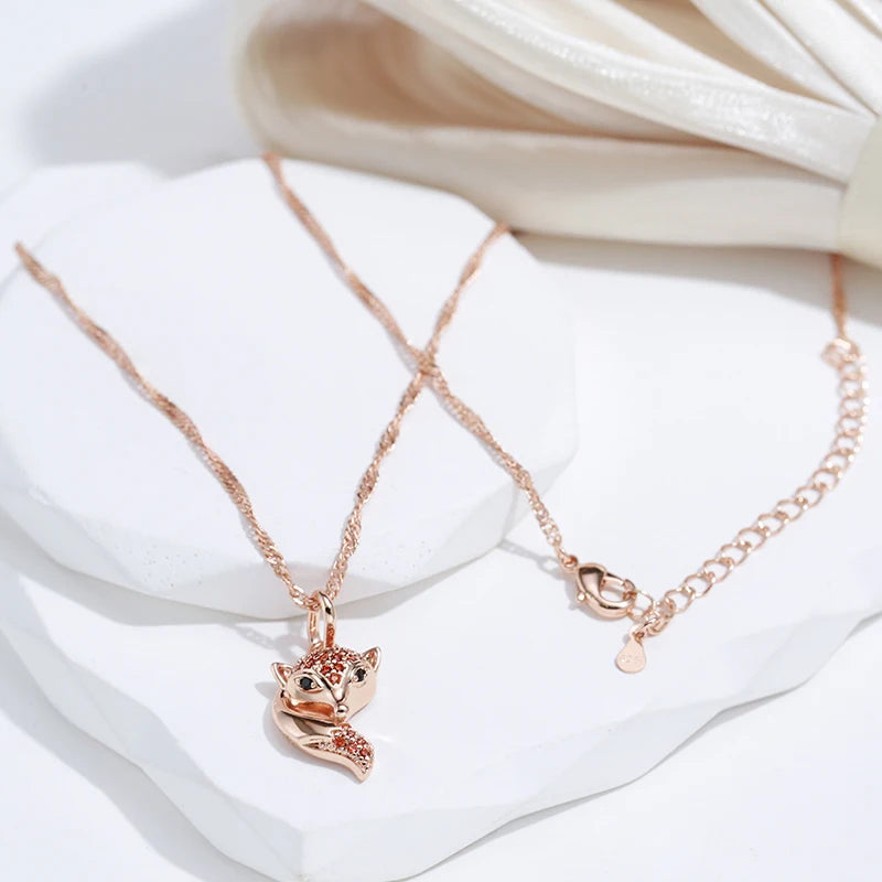 Collier Pendentif Renard Zircon Rouge - Or Rose 585 pour Femme