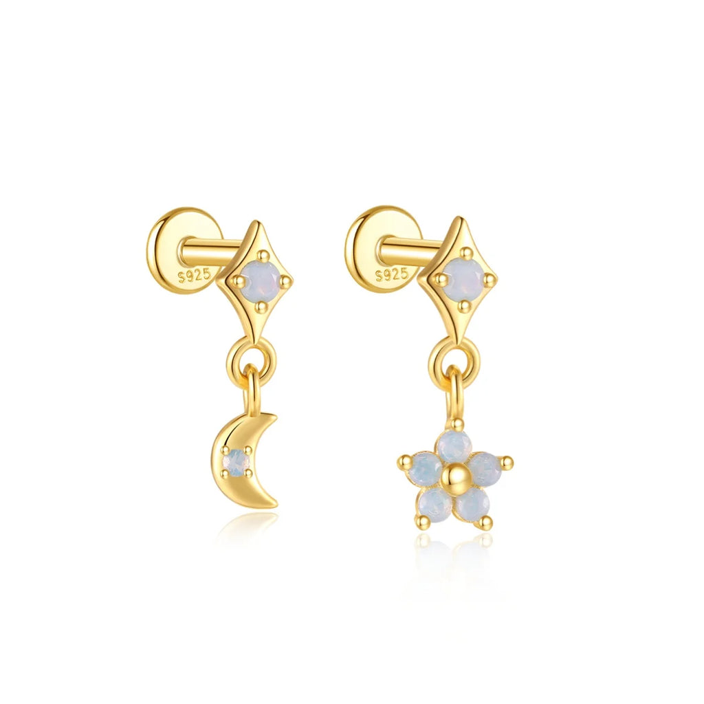 CANNER 2pc 925 Silver Opal Stars Moon Stud Earrings For Women 18K Gold Flat Head Threaded Puncture Ear Bone Ins Fine Jewelry