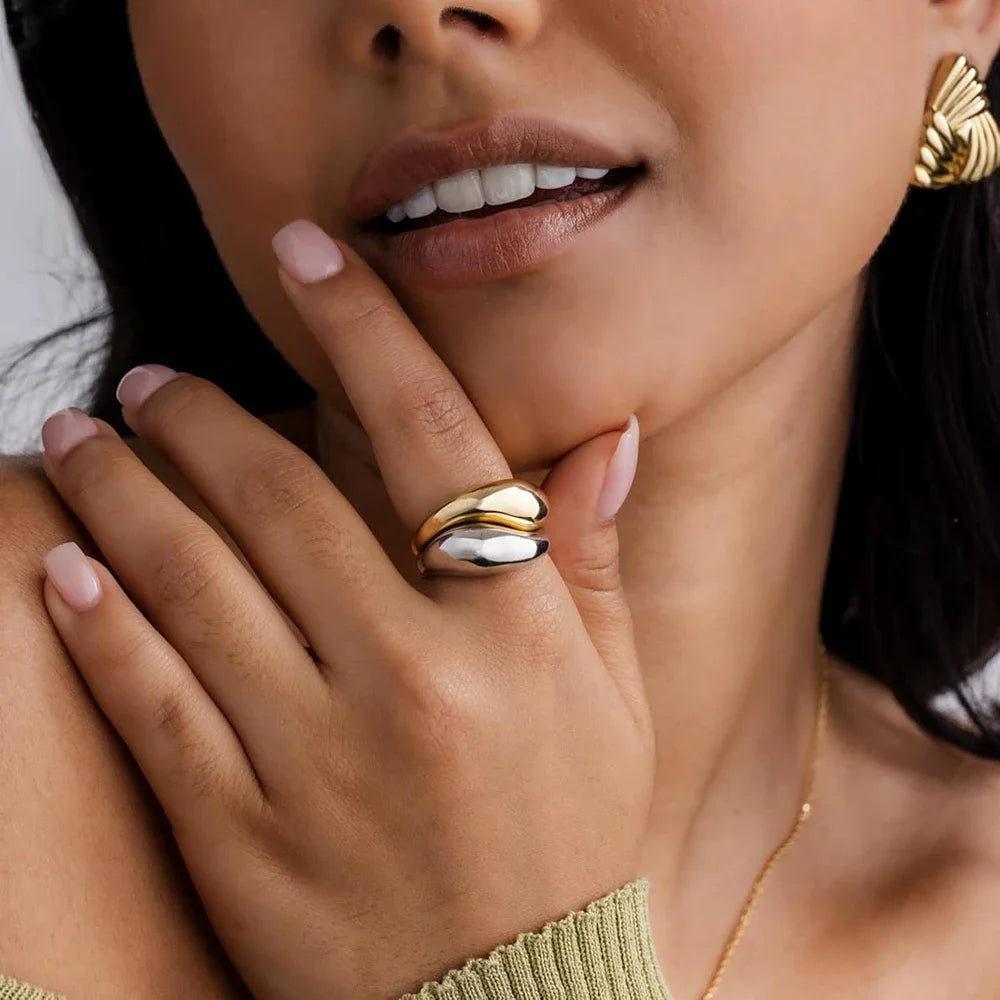 Waterproof Stainless Steel Double Waterdrop Rings Set for Women Polished Chunky Teardrop Couple Ring Minimalist Love's Jewelry