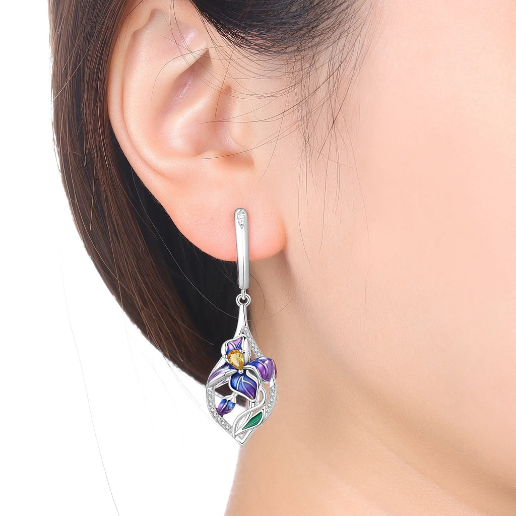 Orstarry 925 Sterling Silver Blue Purple Iris Flower Drop Earrings Women Earrings Charm Trend Versatile Party Jewelry Gifts