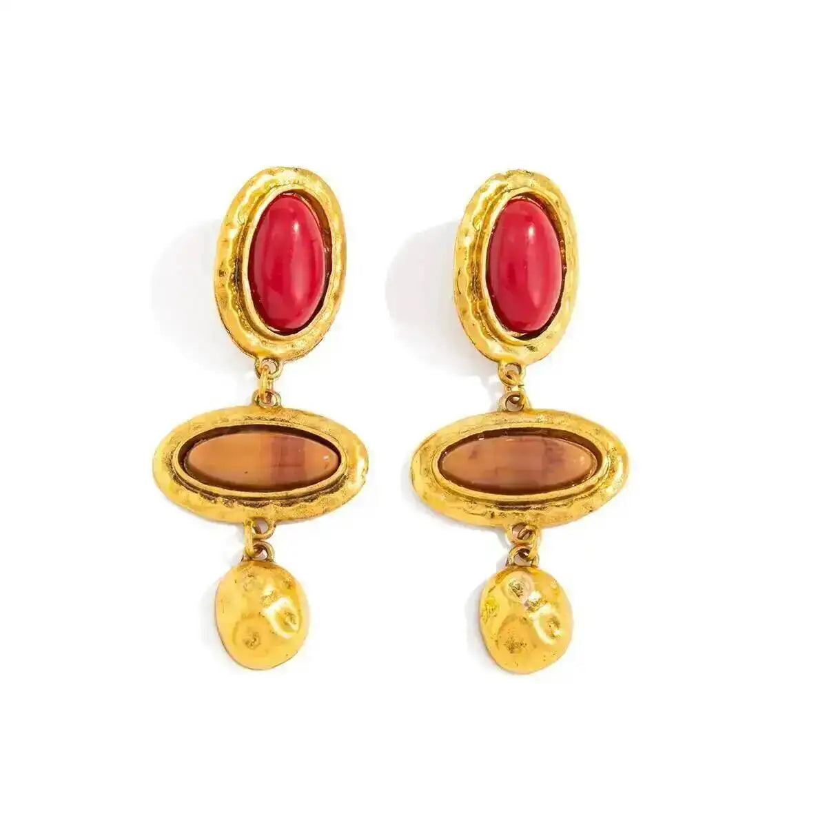 Boucles d'Oreilles Pendantes Résine Ovale - Style Vintage Doré