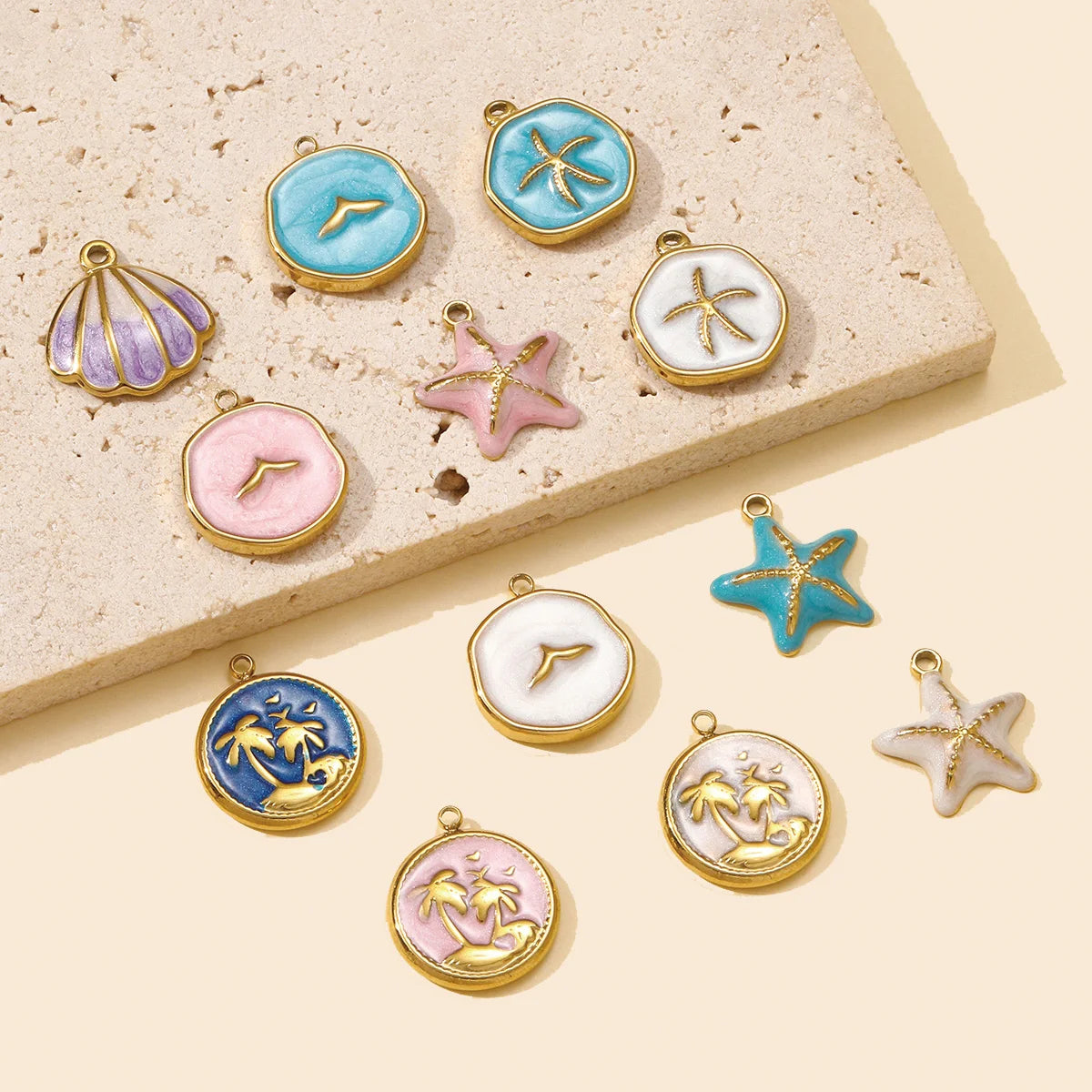 3pcs/Lot Stainless Steel Enamel Starfish Round DIY Charms Palm Tree Fishtail Necklace Pendants Woman Summer Holiday Jewelry
