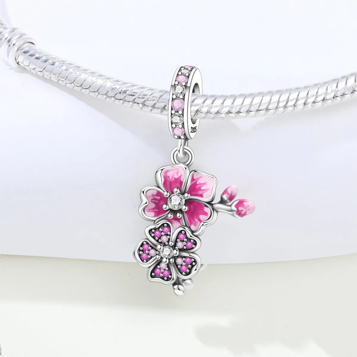 MISEFF S925 Sterling Silver Charm Pink Cherry Blossoms and Lotus Flowers Pendant Original Jewelry Making DIY Mother's Day Gifts
