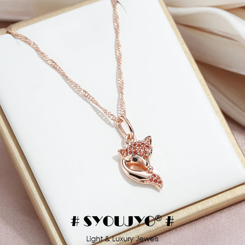 Collier Pendentif Renard Zircon Rouge - Or Rose 585 pour Femme