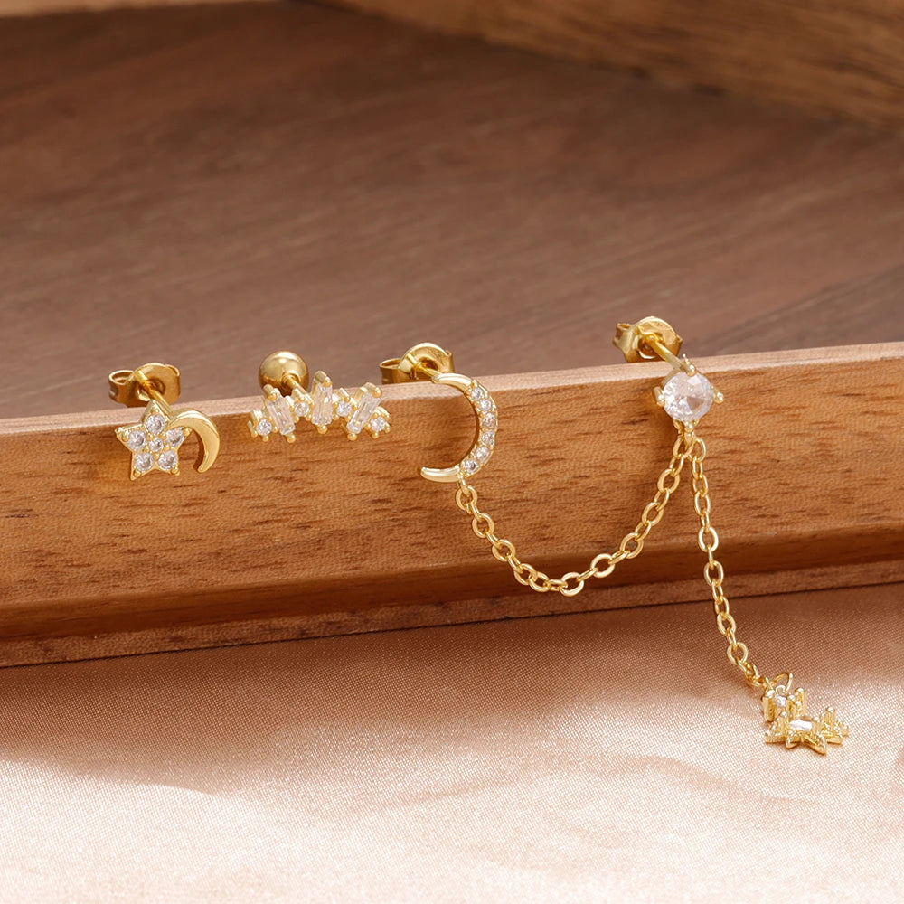 3PCS Stainless Steel Fashion Simple Tassel Chain Stud Piercing Earring For Women Girl Zircon Cartilage Piercing Jewelry