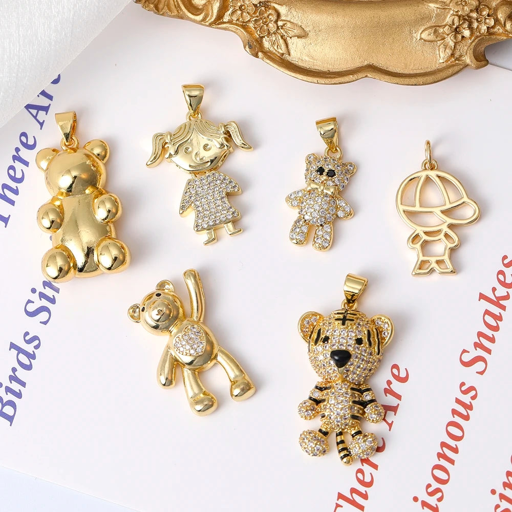 Juya 18K Real Gold Plated Animal Pendants Supplies Handmade Cubic Zirconia Cute Bear Charms For DIY Women Fashion Jewelry Making